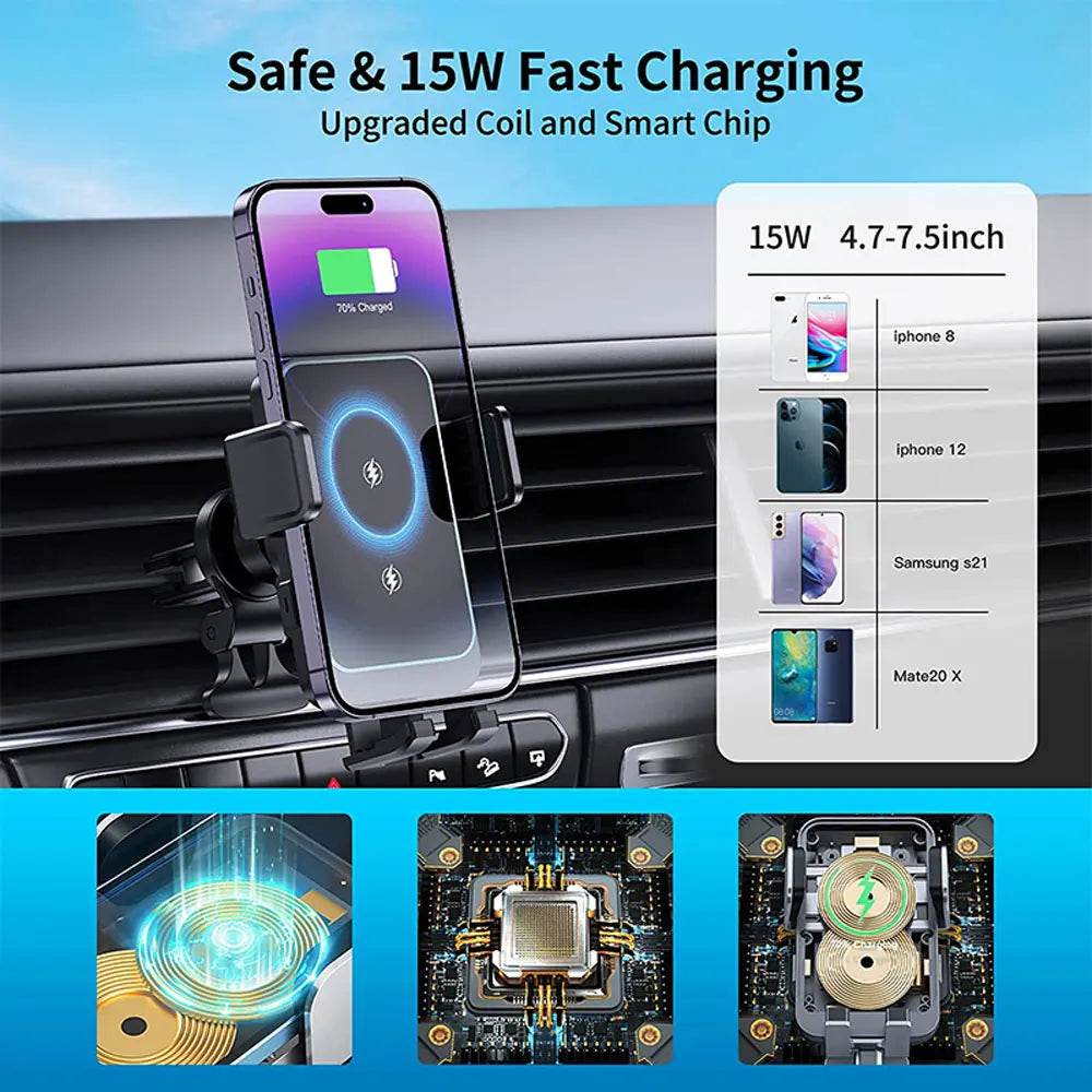 15W Dual Coil Wireless Car Charger for Samsung Galaxy Z Flip 4 3 S22 S21 iPhone Auto Clamp Fast Car Charging Phone Mount Holder - MarvelouStoree