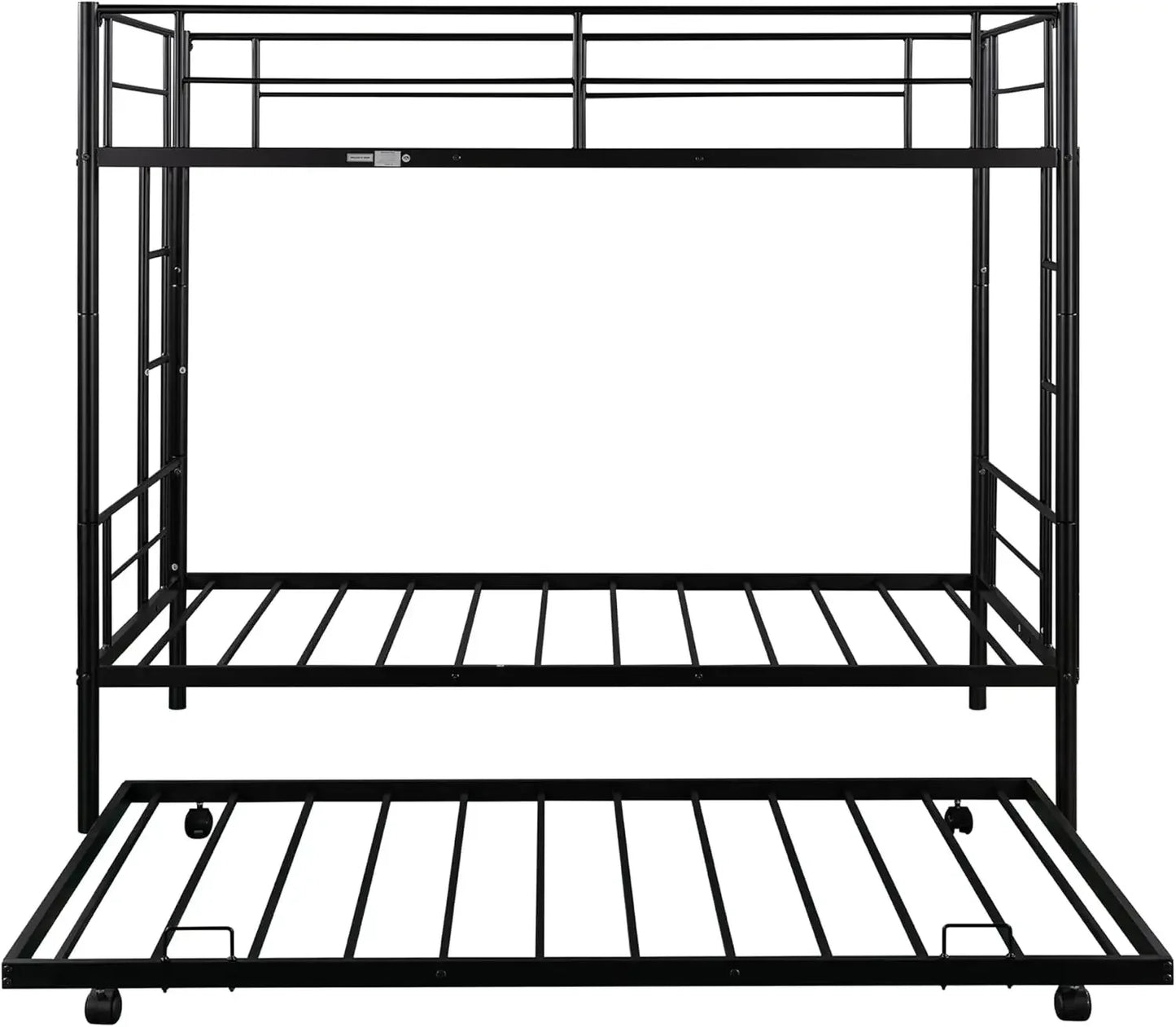 Twin Over Twin Metal Bunk Bed with Trundle Heavy Duty Bunk Beds Frame with 2 Side Ladders Convertible Bunkbed with Safe