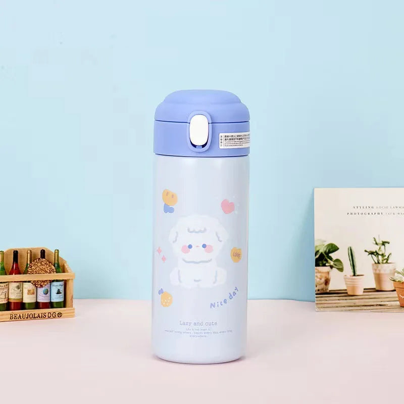 380Ml Stainless Steel Thermos Cup with Straw Drink Cute Cartoon Insulated Vacuum Water Bottle for Kids Girls Portable Drinkware