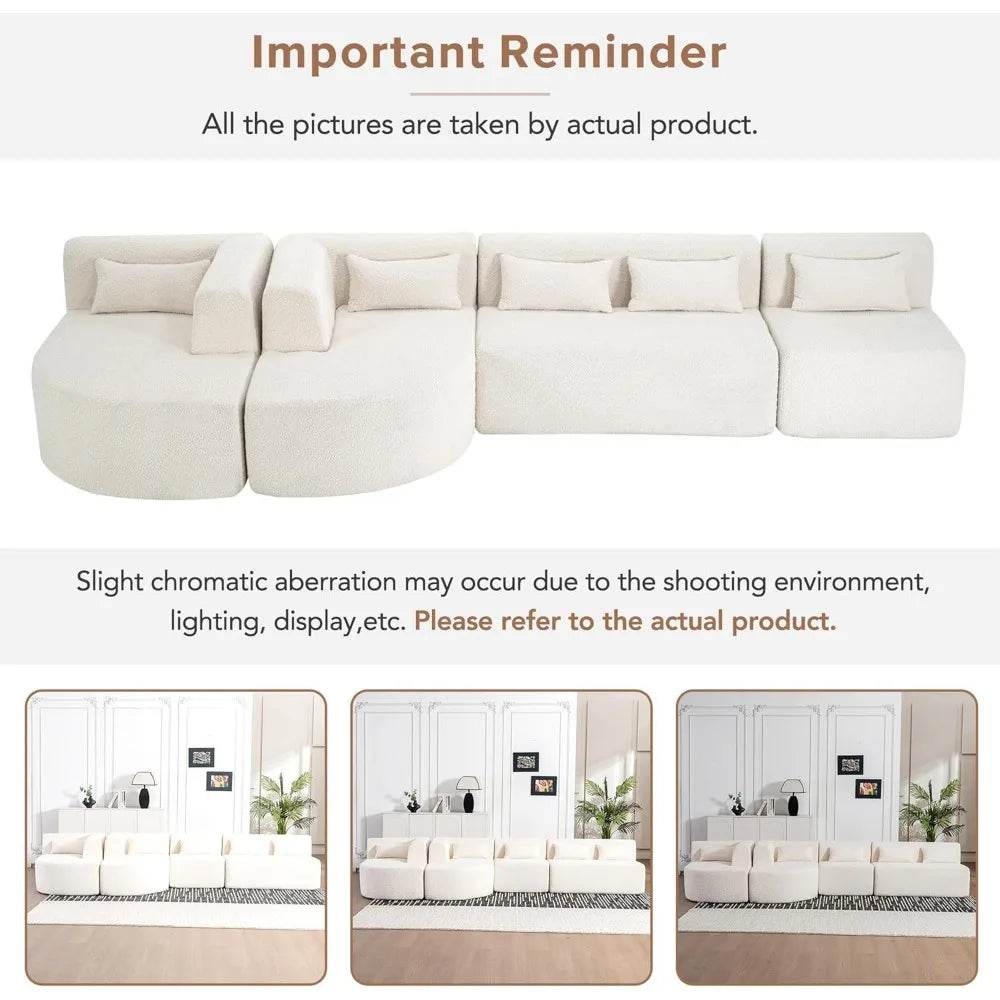 Sectional sofa, 4 free sectional sofas, modern upholstered sofa in Boucle fabric with 2 chaise longues and 5 cushions, beige - MarvelouStoree