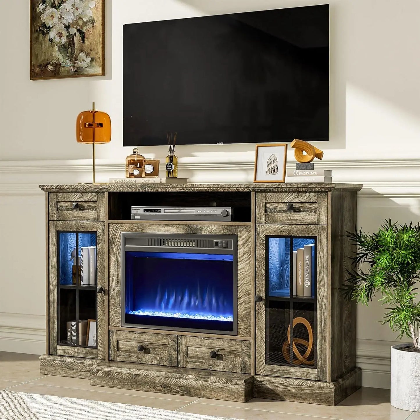 TV Stand, 3-Sided Glass TV Stand with 36 Inch Fireplace for TVs up to 80", Rustic Media Entertainment Center Console Cabinet