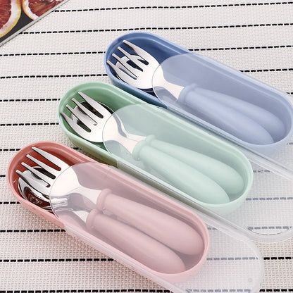 3pcs Children Spoon Forks Box Kids Stainless Steel Kids Cutlery Portable Baby Feeding Utensils Baby Spoons Baby Tableware Set