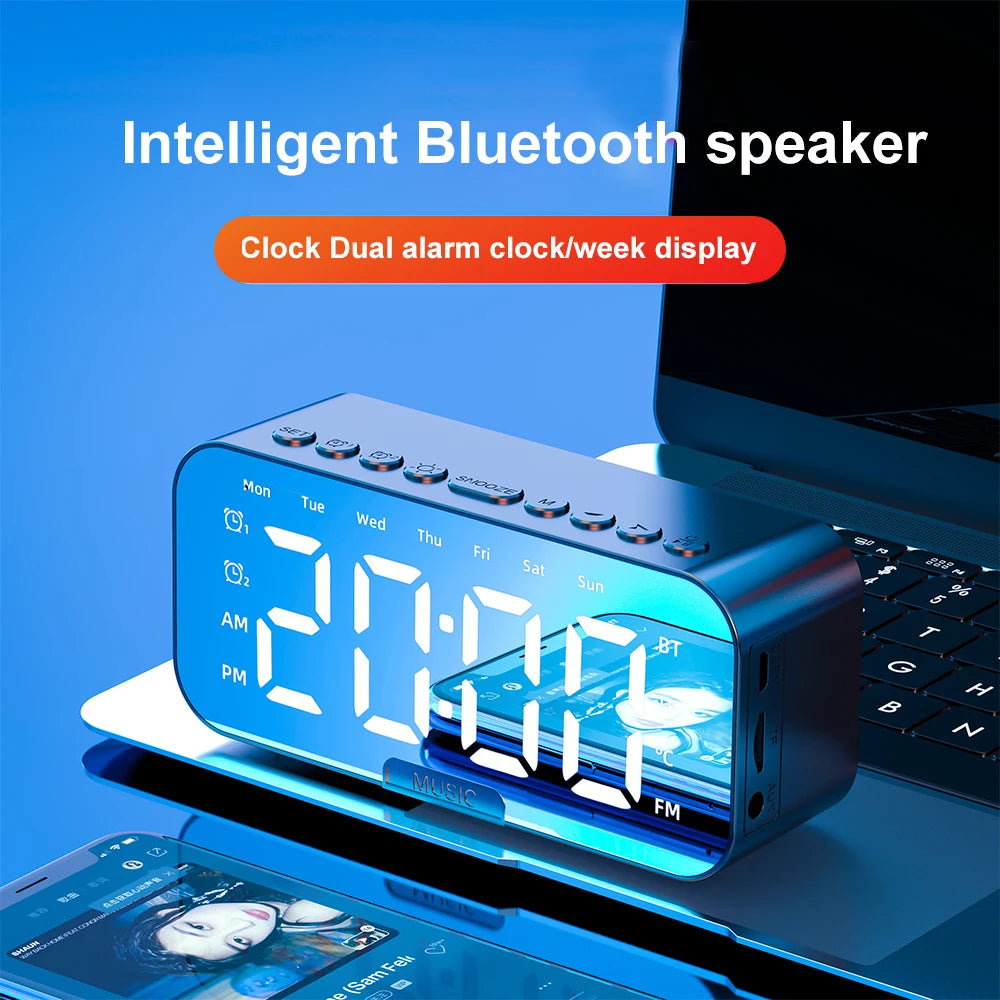 Wireless Bluetooth Speaker with FM Radio Mini Portable Mirror Dual Alarm Clocks LED Music Player Desktop Alarm Clock Speaker