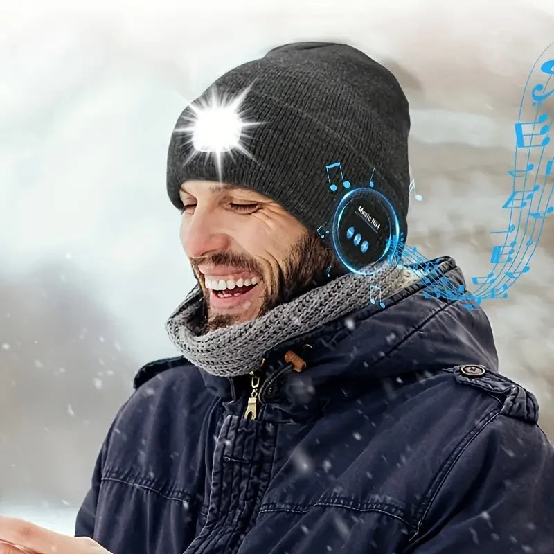 Bluetooth Beanie Hat with Light, Headlamp Cap with Headphones and Built-in Speaker Mic, Gifts for Men Women Teen