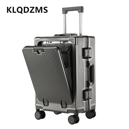 KLQDZMS Laptop Suitcase Front Opening Boarding Case Aluminum Frame Trolley Case 20"24 Inch USB Charging Travel Bag Luggage