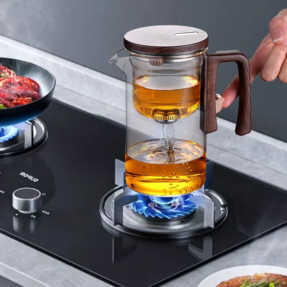 520ML/720ML Glass Teapot Water Separation Inner Container One Click Magnetic Switch Tea Filtration Tea Pot Wood Handle Cup Set