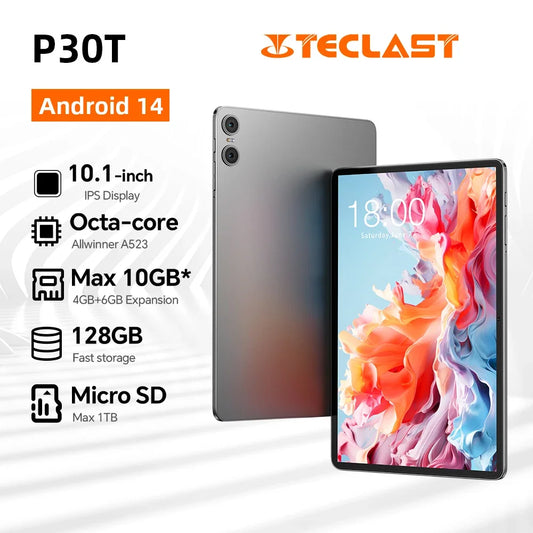 Teclast P30T Android 14 tablet, 10.1 inch IPS, Max 10GB RAM, 128GB ROM, 1280x800 IPS, Allwinner A523, 8 cores, type C