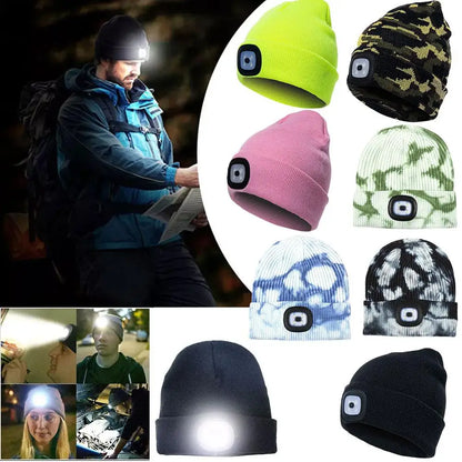 Led Light Knitted Hat Warm Elastic Beanie,Outdoor Sports Night Hiking Fishing Camping Glow Knitted Bonnet Unisex Headlight