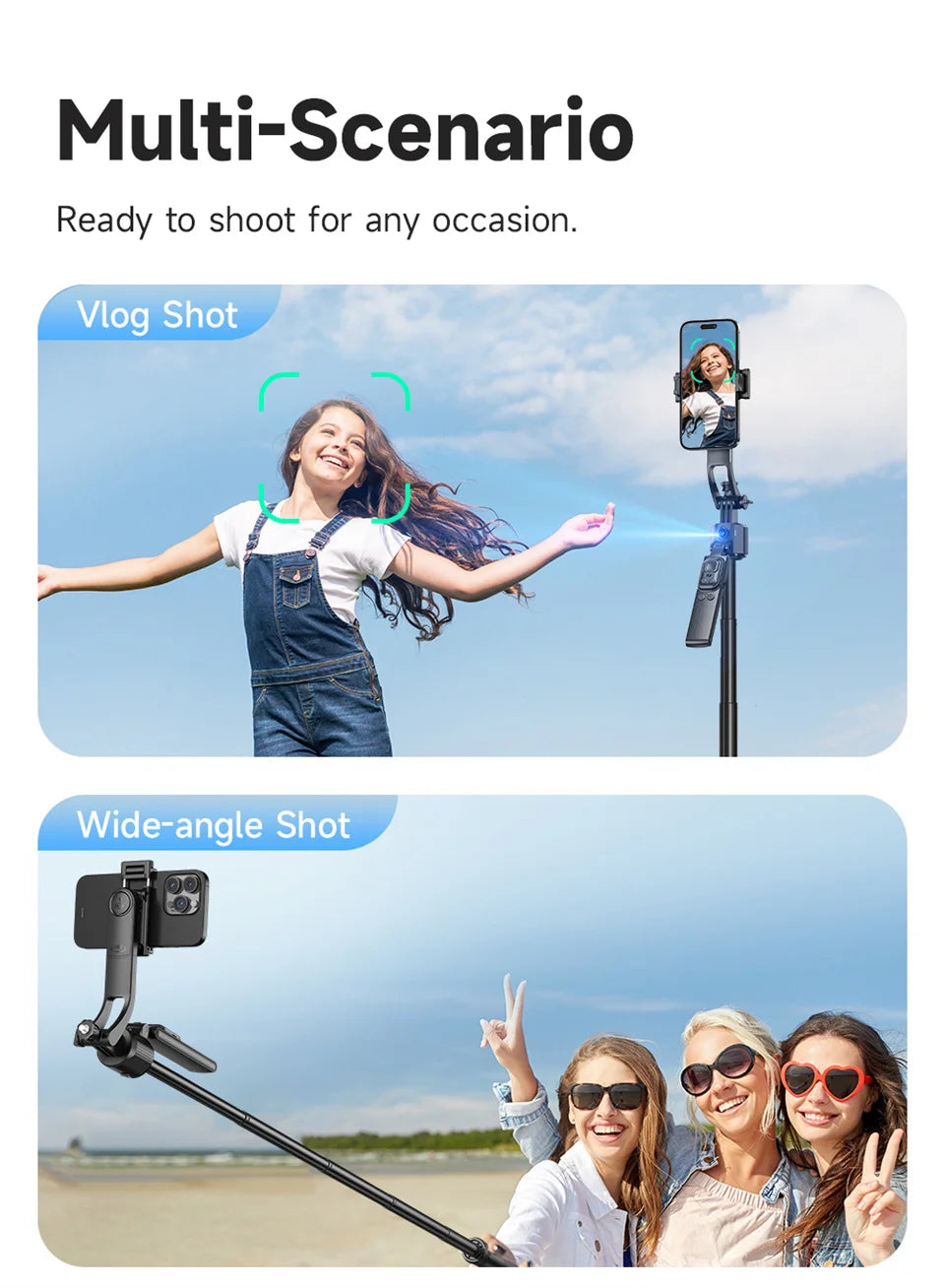 Selfie stick Tripod gimbal for Cell Phone 360°Auto-Rotation AI Tracking Stabilizer Shooting Quadrapod with Optional Fill Light