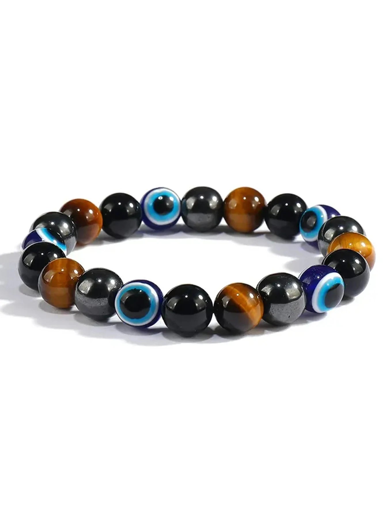 OAIITE 8mm New Turkish Evil Eye Bracelet for Women Charm Tiger Eye Stone Bracelet for Men Hematite Healing Health Care Jewelry