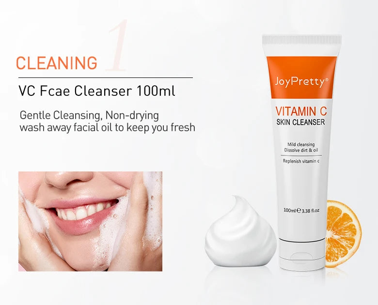 JoyPretty Vitamin C Skin Care Set Face Whitening Dark Spots Cream Serum Gentle Cleaning Deep Moisturizing Pore Shrinkle Skincare