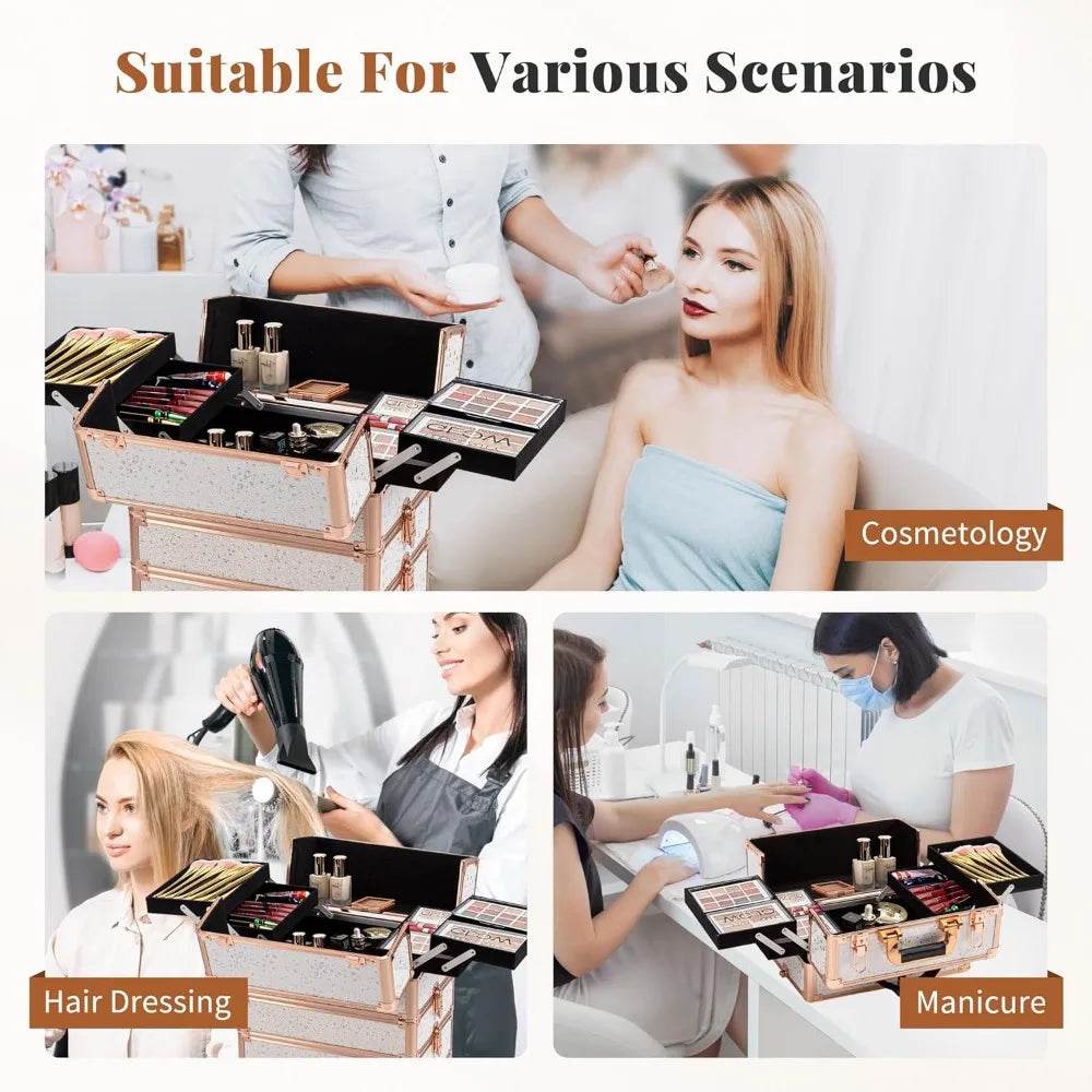 Rolling Makeup Train Case Large Storage Cosmetic Trolley 5 in 1 Large Capacity Trolley Makeup Travel Case with Key Swivel Wheels - MarvelouStoree