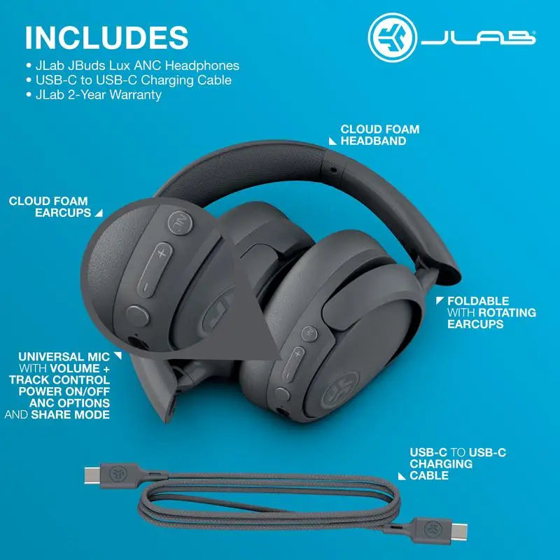 JLab JBuds Lux Active Noise Cancellation Wireless Bluetooth Headphones,Hybrid ANC, Spatial Audio,Premium Over-Ear,iPhone/Android