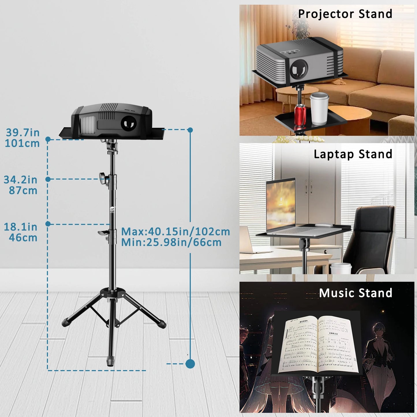 SH 102CM Projector Tripod Stand With Trays Laptop Tripod,Portable Projector Floor Stand Adjustable Height With Hose Phone Clip