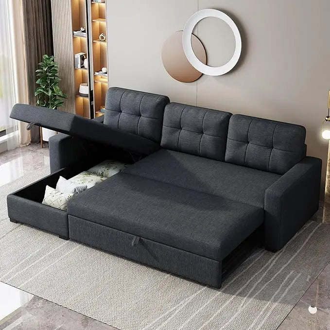 81.5" Sectional Sleeper Sofa with Storage Chaise, L Shaped Pull Out Couch Bed with 3 Removable Back Cushion for Living Room,Apar