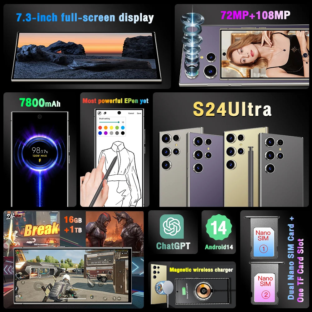 Phone cover 2024 S24 Ultra Smartphone 7.3 inch Full Screen 4G 5G Cell Phone case 16TB+1TB 6800mAh Mobile Phones 108MP Global Version Celulares