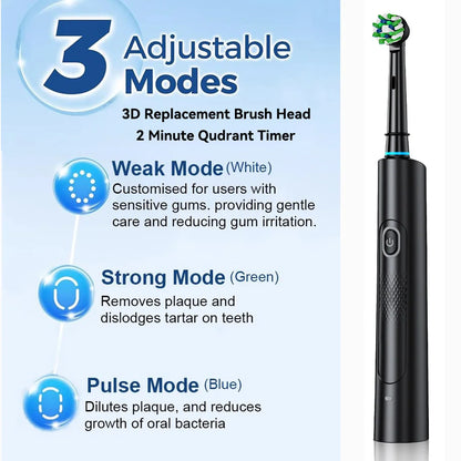 Rotating Electric Toothbrush Black White for Adults with 4 Brush Heads Deep Clean with Rechargeable Power and 2 Min Smart Timer