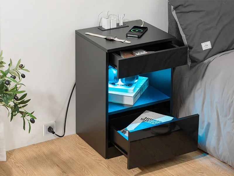 Open Shelf LED Nightstand with Charging Station 2 Drawers Bedside Table Black Night Stand with Storage Smart Nightstands