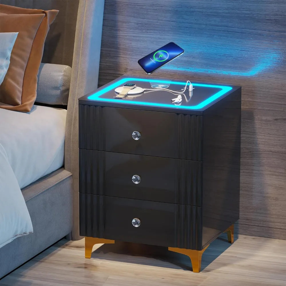 Bedside Table With Wireless Charging Station Bedroom Furniture Smart Glossy Nightstand With 3-color Dimmable Auto-sensor Light