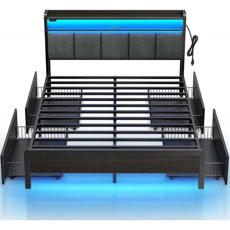 Rolar Bed Frame Queen Size with Charging Station and LED Lights,Upholstered Storage Headboard with Drawers,Heavy Duty Metal - MarvelouStoree