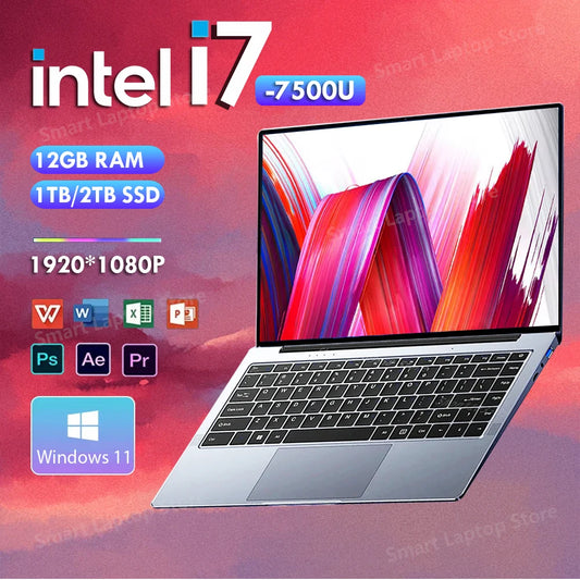 14.1 Inch Portable Laptop Computer Intel Core i7 7500U Dual Core 12GB RAM 512GB 1TB 2TB SSD Windows 11 Laptop Pc Gamer Notebook