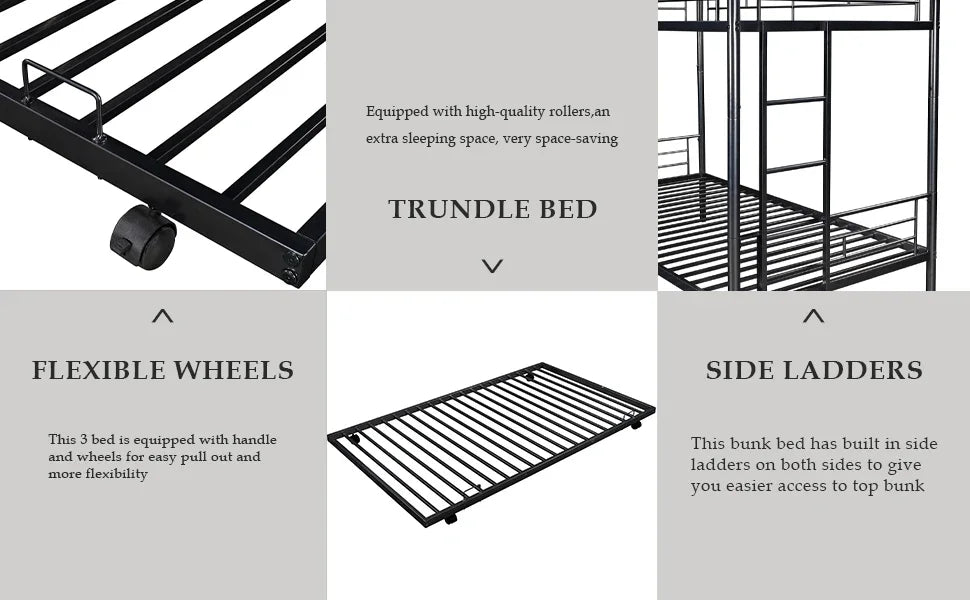 Twin Over Twin Metal Bunk Bed with Trundle Heavy Duty Bunk Beds Frame with 2 Side Ladders Convertible Bunkbed with Safe