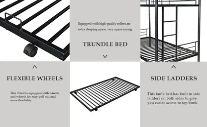 Twin Over Twin Metal Bunk Bed with Trundle Heavy Duty Bunk Beds Frame with 2 Side Ladders Convertible Bunkbed with Safe