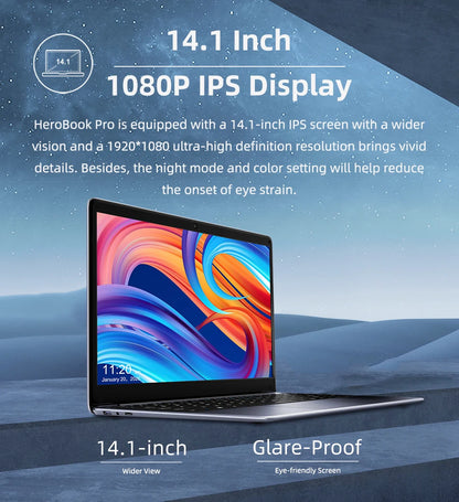 CHUWI HeroBook Pro Laptop 14.1 inch IPS Screen 8GB RAM 256GB SSD Intel Celeron N4020 Dual Core Windows 11 System Computer PC