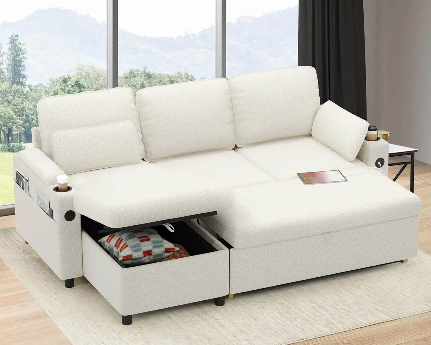 Sofa Bed Sleeper Pull Out 2 in 1 Sectional Sleeper Sofa Couches with Storage,USB, Cup Holder,Pullout Sectional Couches - MarvelouStoree