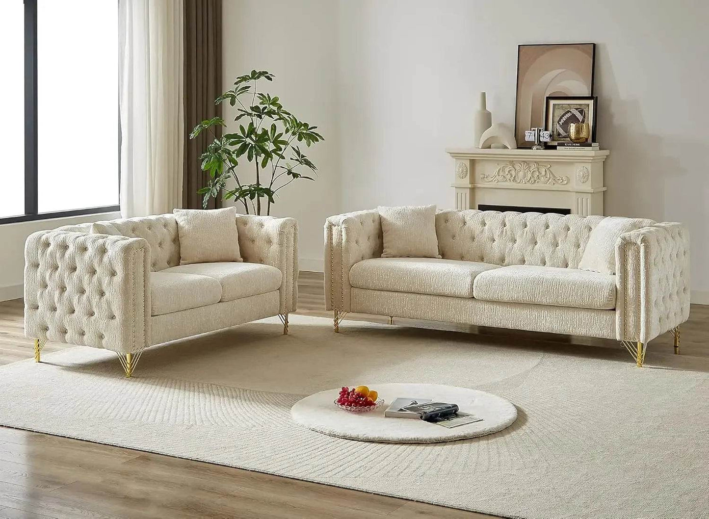 2 Pieces Chenille Living Room Furniture Sofa Couch Set,Button Tufted Comfy Couch with Nailhead Trim&Metal Legs - MarvelouStoree