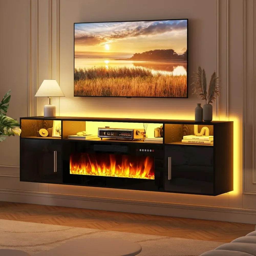 TV Stand 70'' with LED Light and Storage & Highlight Cabinet, Floating Fireplace Modern Wood Media TV Console - MarvelouStoree