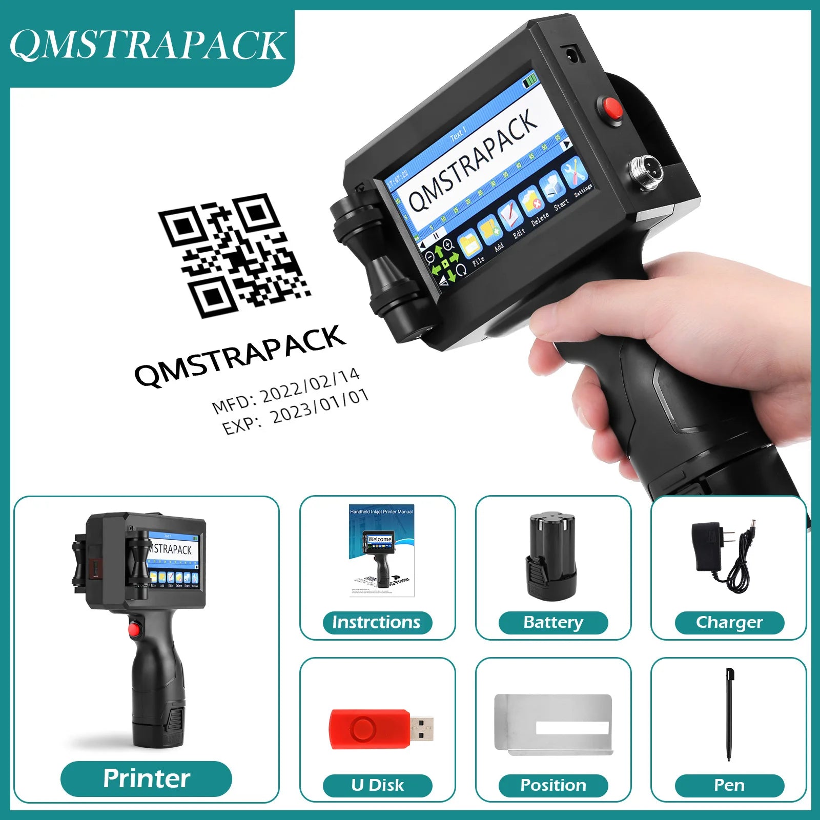 Non-encrypted Handheld Inkjet Printer Gun 12.7mm with Fast-Drying Ink for Text QR Barcode Batch Number Logo Date Label Printer