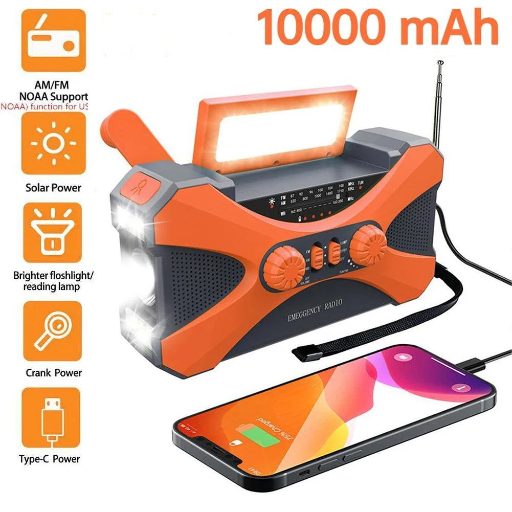 Emergency Flashlight Torch 10000mAh Power Bank Multifunctional Radio Hand Crank Solar USB Charging FM AM WB NOAA Weather Radio