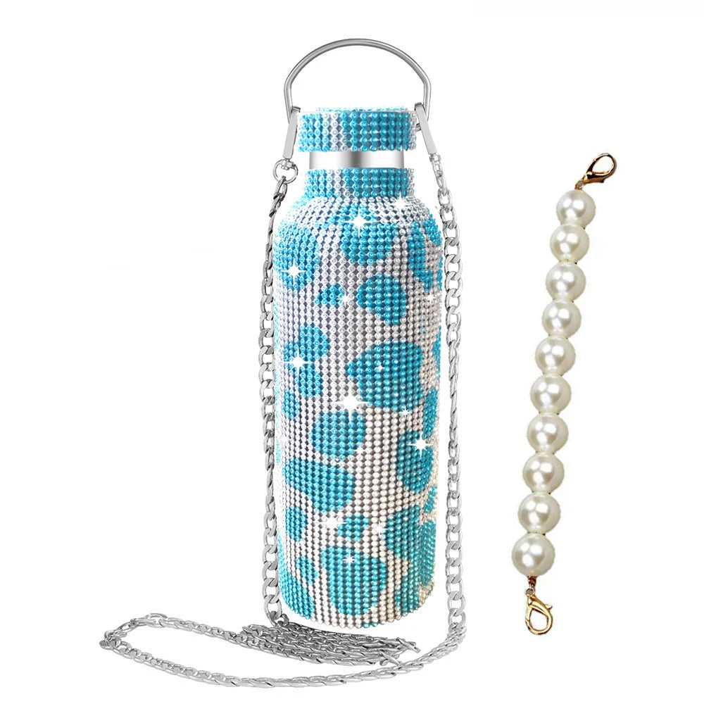 500/750/1000ml Diamond Thermos Bottle With 2pcs Chain Portable Rhinestone Water Bottle Double Wall Stainless Steel Thermal Flask