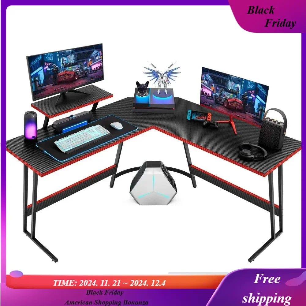 L Shaped Gaming Desk Computer Corner Desk PC Gaming Desk Table with Large Monitor Riser Stand for Home Office