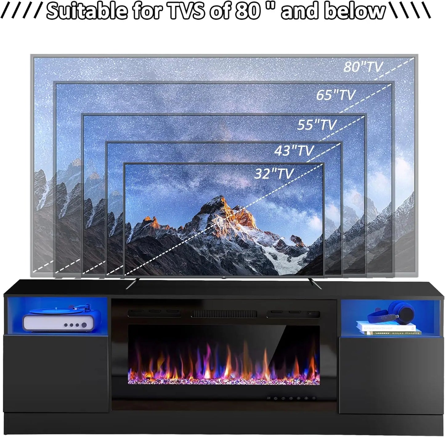 70" Fireplace TV Stand for TVs Up to 80" with 36" Electric Fireplace TV Console for The Living Room LED Light Entertainment