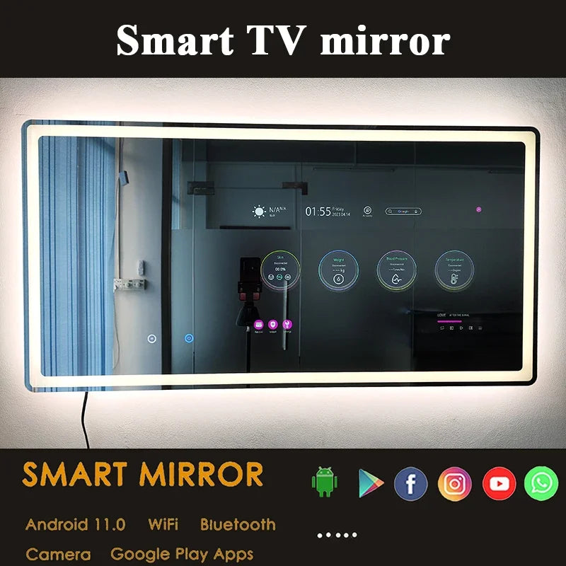 Smart Mirror Android, Touch Screen Wall Decorative Vanity Bath Mirror Rectangle Led Lighted Makeup Backlit Hotel Bathroom