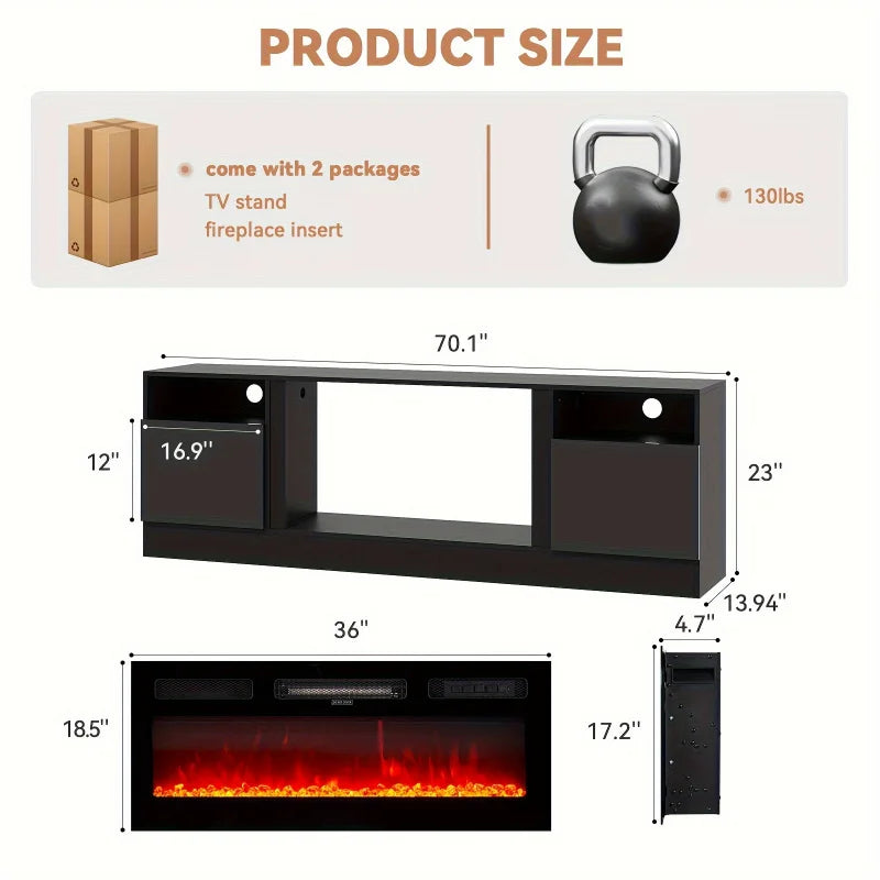 Fireplace TV Stand Entertainment Center With 36" Fireplace, Wooden TV Stand For TVs Up To 80", Media TV Console With Hig