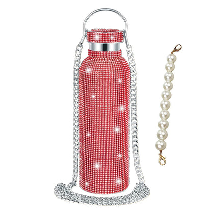 500/750/1000ml Diamond Thermos Bottle With 2pcs Chain Portable Rhinestone Water Bottle Double Wall Stainless Steel Thermal Flask