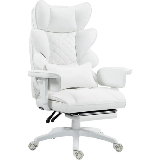 High Back Computer Gaming Chair with Adjustable Armrests,Executive Desk Chair with Footrest,(PU Leather, White)