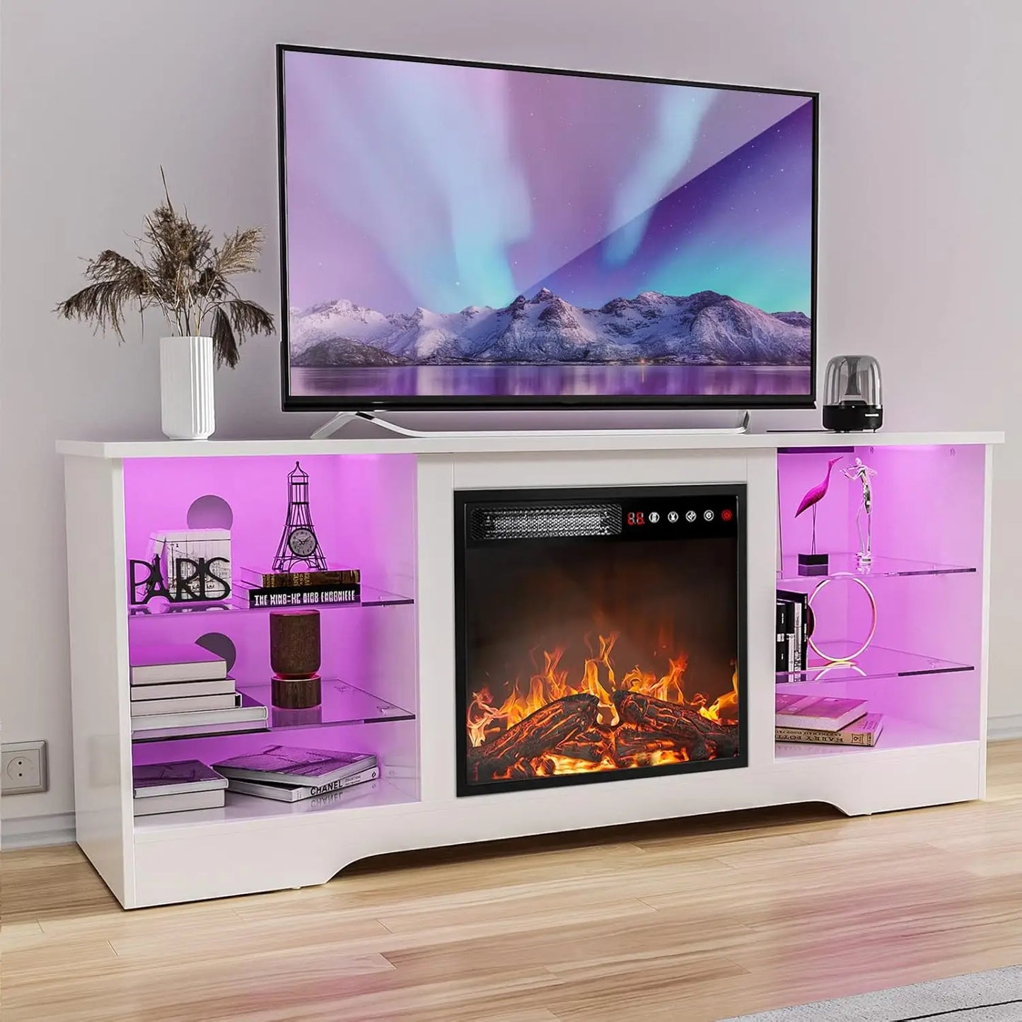 TV Stand with 18''Fireplace, Modern Entertainment Center for TVs up to 65 inch, Media TV Console with Adjustable Glass Shelves