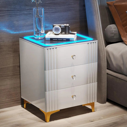 Bedside Table With Wireless Charging Station Bedroom Furniture Smart Glossy Nightstand With 3-color Dimmable Auto-sensor Light