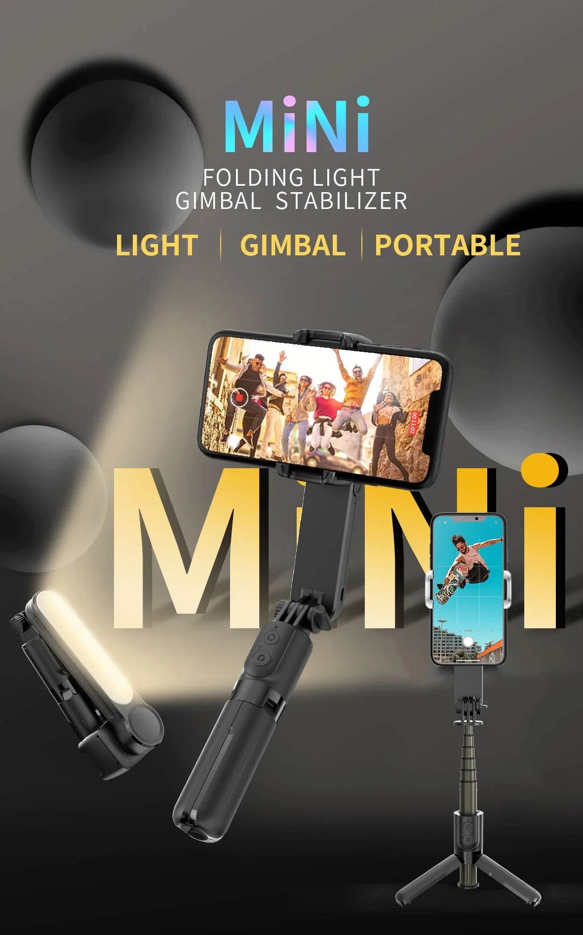 Handheld Gimbal Stabilizer Selfie Stick Tripod with Removable Fill Light Wireless Remote Portable Phone Stand Holder - MarvelouStoree