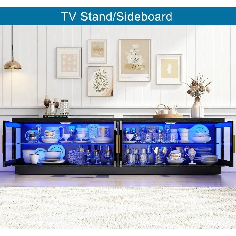 71IN LED TV Stand for 85/80/75inch TV,High Glossy Modern TV Stand for Living Room,Wooden Farmhouse TV Stand,