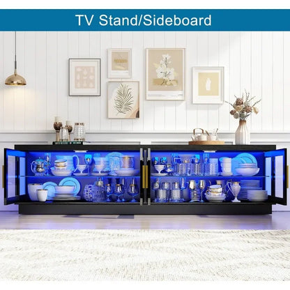 71IN LED TV Stand for 85/80/75inch TV,High Glossy Modern TV Stand for Living Room,Wooden Farmhouse TV Stand,