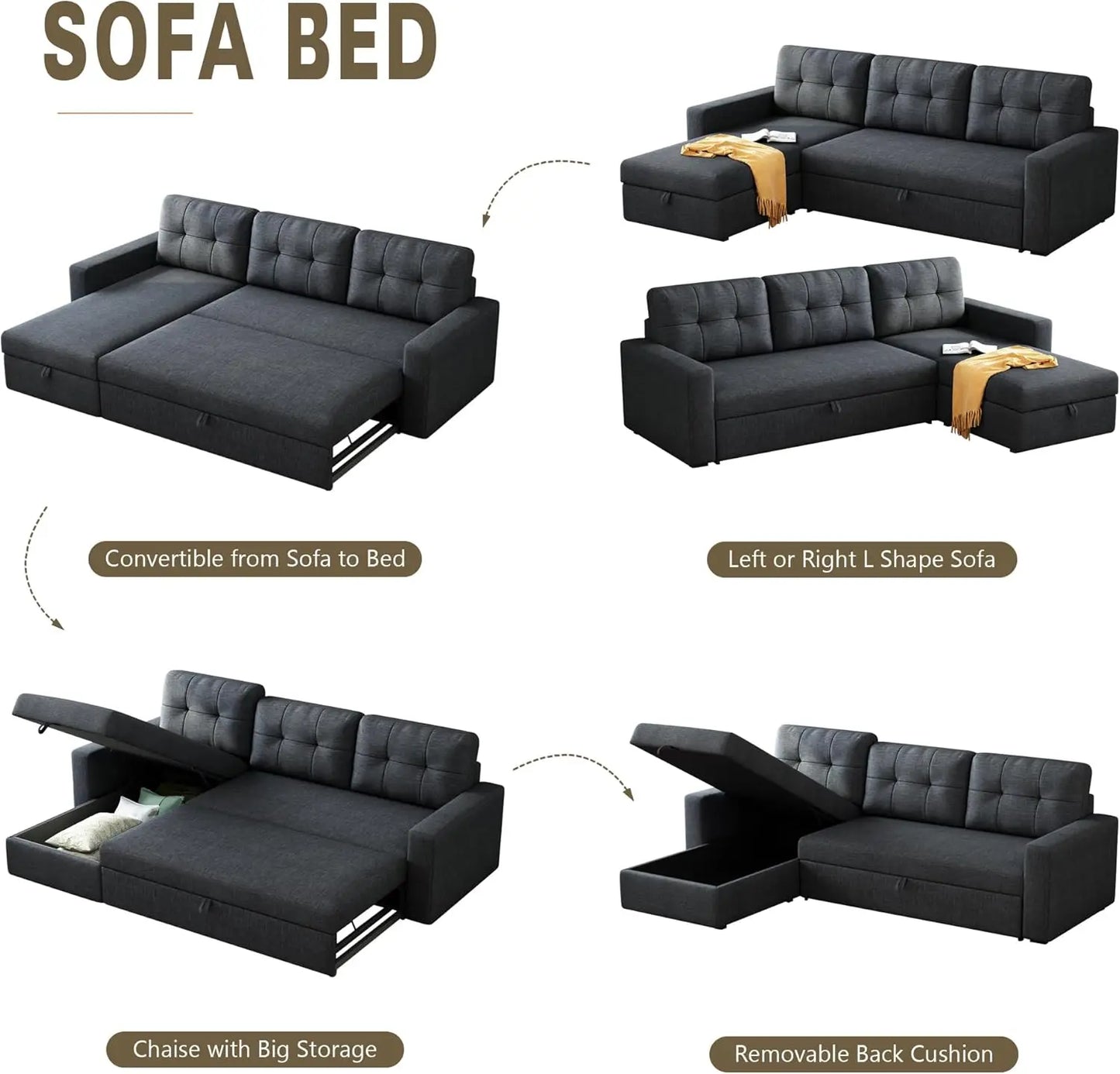 81.5" Sectional Sleeper Sofa with Storage Chaise, L Shaped Pull Out Couch Bed with 3 Removable Back Cushion for Living Room,Apar