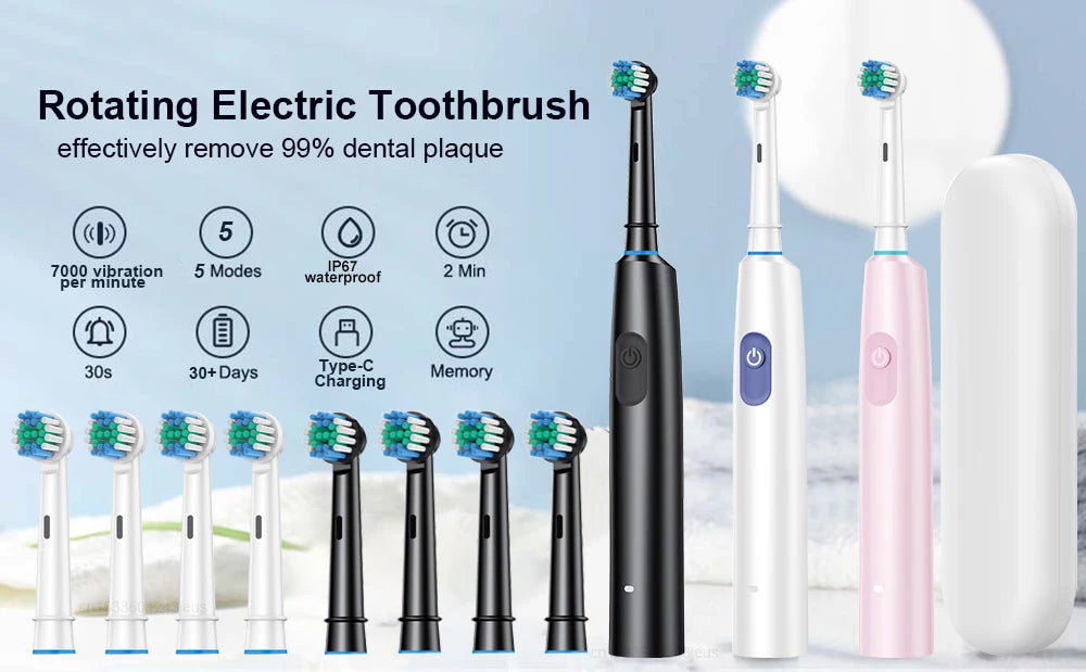 Electric Toothbrush Rotary Rechargeable Electric Toothbrush for Adults Rotating Electric Toothbrushes with 8 Soft Brush Heads