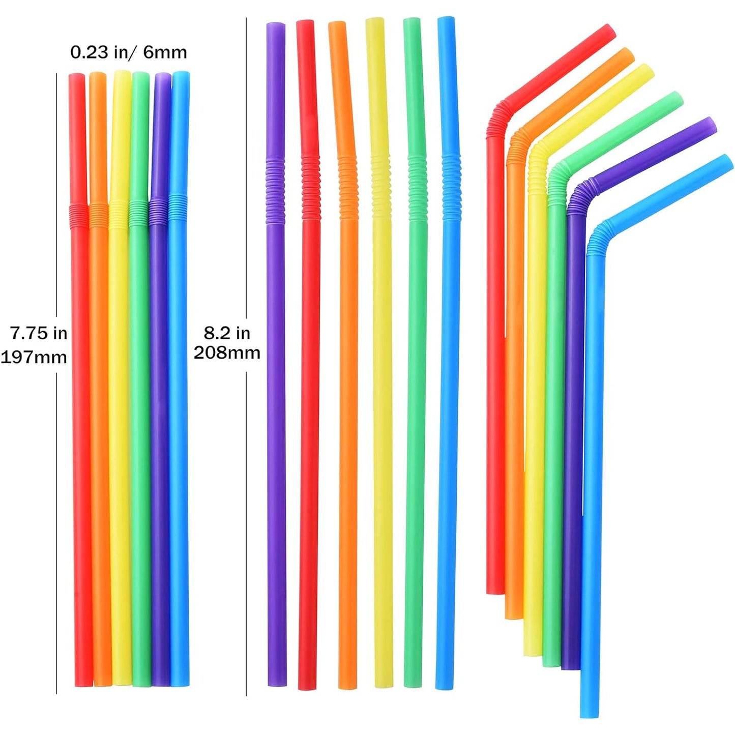 100-Pack Solid Colors Flexible Drinking Straws, Plastic Disposable Bendy Straws - 7.75" x 0.23"