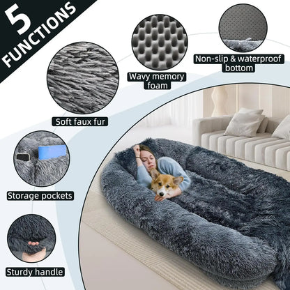 Large Human Dog Bed for Adult 74.8"x47.3"x13.8" Human Sized Dog Bed for People and Pets Removable Washable Faux Fur Dark Grey