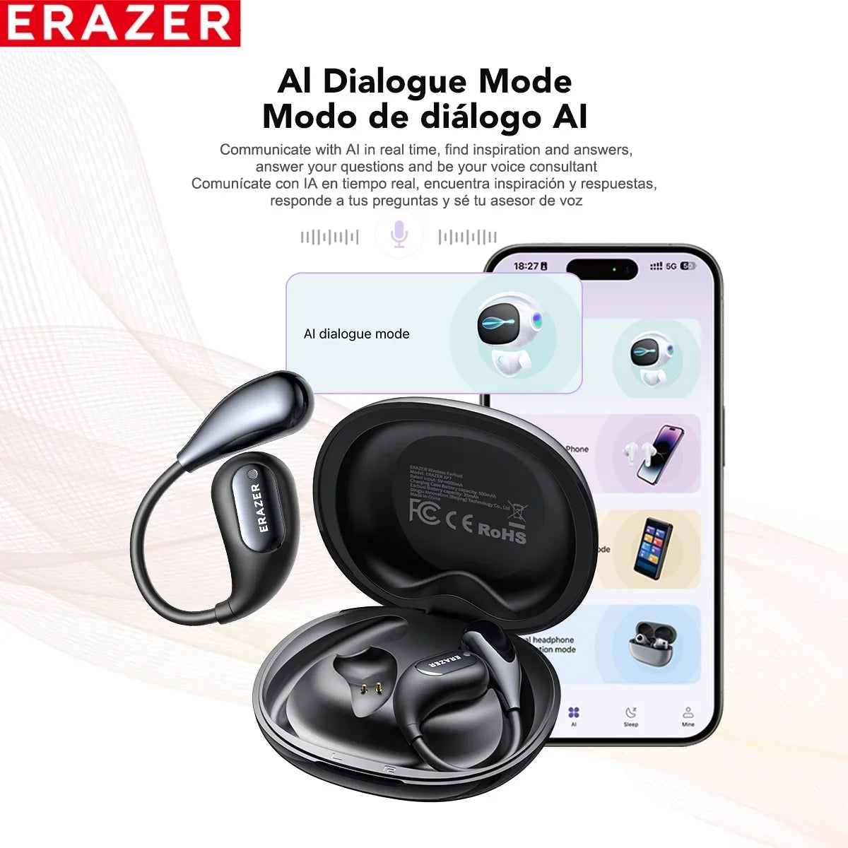 [AI Earphone] Bluetooth Earphones ERAZER XP7 Wireless Headphones ASMR Headset Equalizer APP AI Translator Earbuds Lightweight